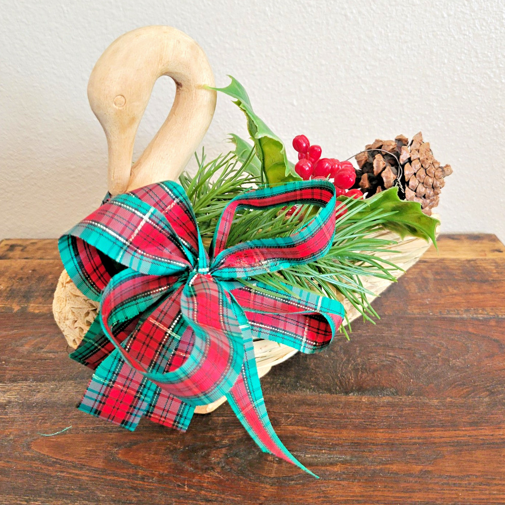 Vintage Christmas Broom Straw Swan Figurine Carved Wood Head Holiday Centerpiece
